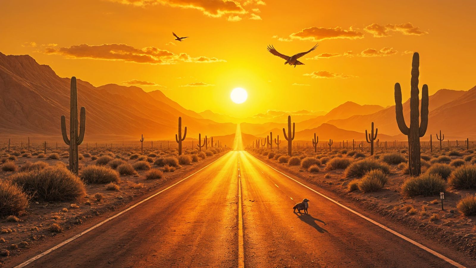 Desert Road Under a Scorching Sun in a Vibrant Color Palette
