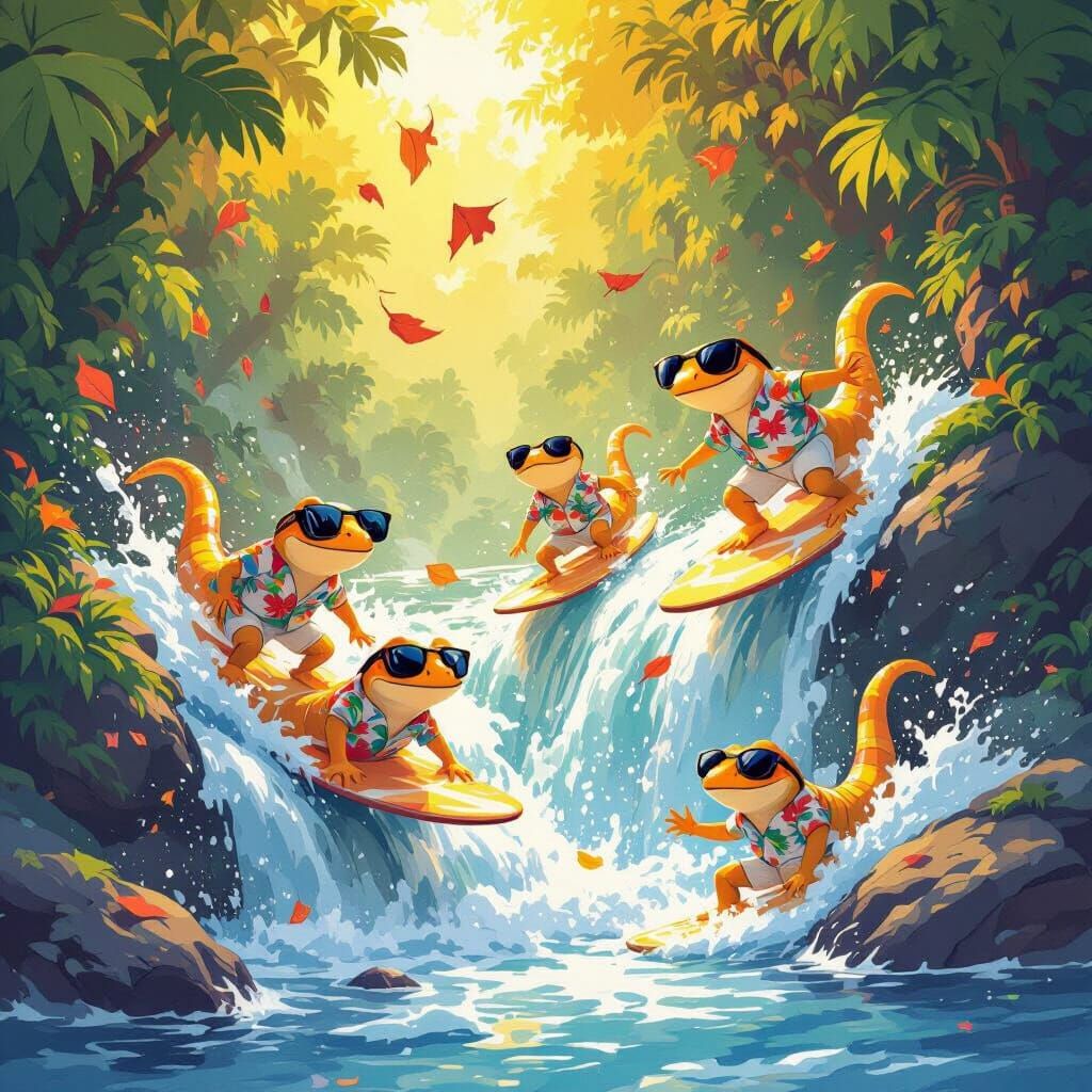 Anthropomorphic Salamanders Surfing Down Waterfall