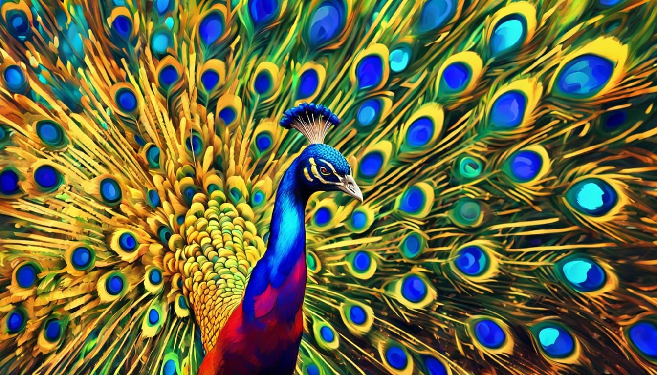 Iridescent Peacock Displaying Tail: Fauvism Digital Art