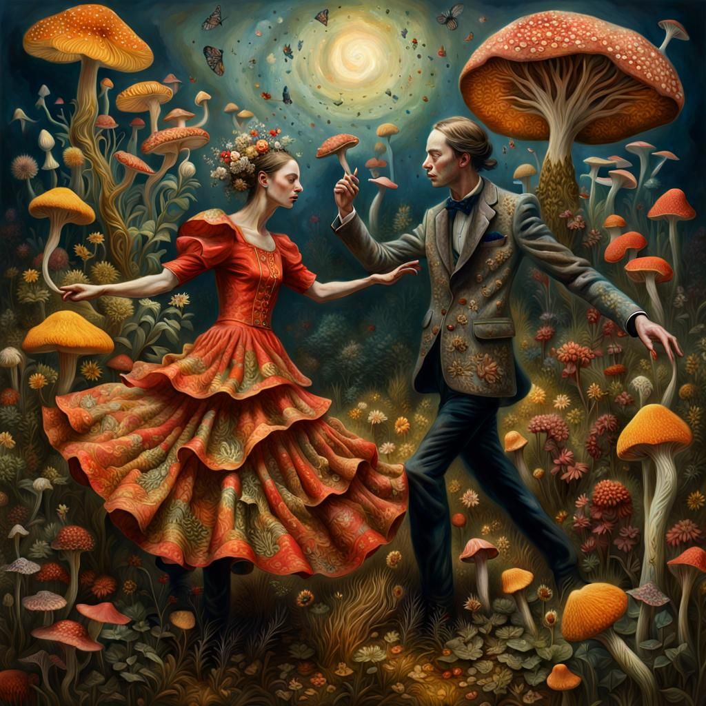 Celestial Fungi Hunter's Surreal Tango in Vivid Colors