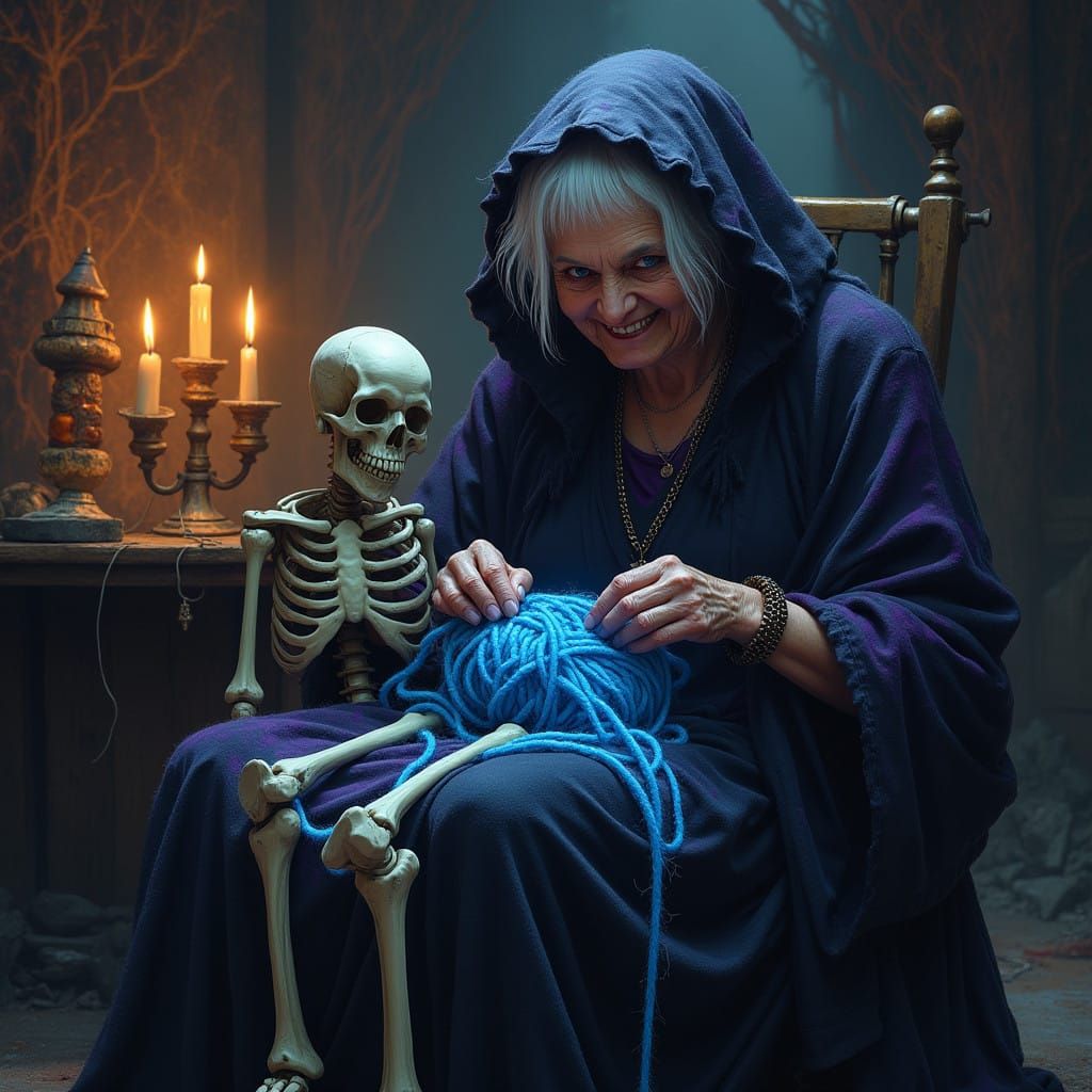 Mysterious Crone Weaves Dark Magic with Glowing Blue Yarn
