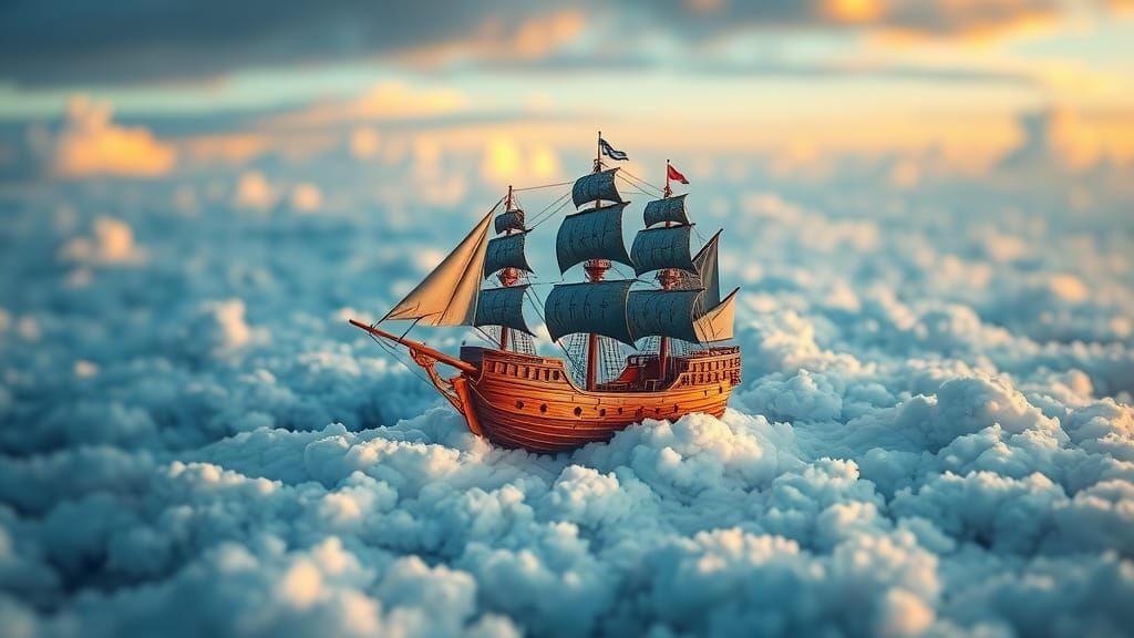 Pirate Ship Soaring Through Clouds: Hyperrealistic Photograp...