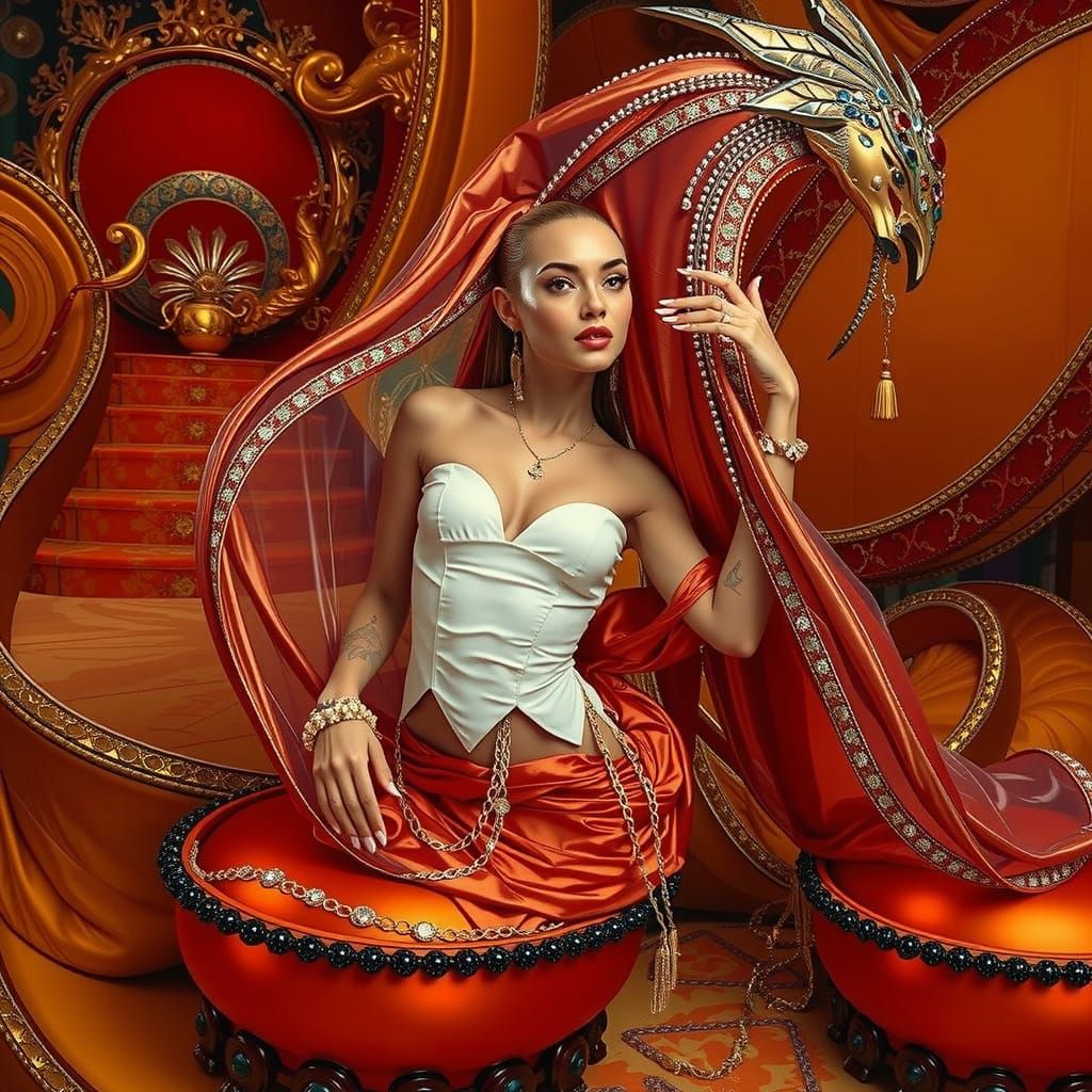 Elegant Woman in Luxurious Psychedelic Surrealist Scene