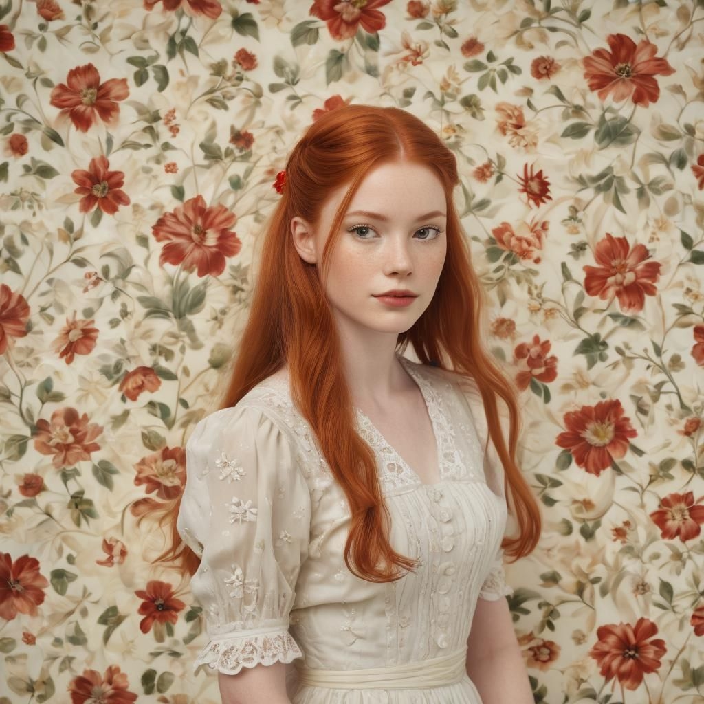 Celluloid Portrait: Red-Haired Woman in Floral Setting