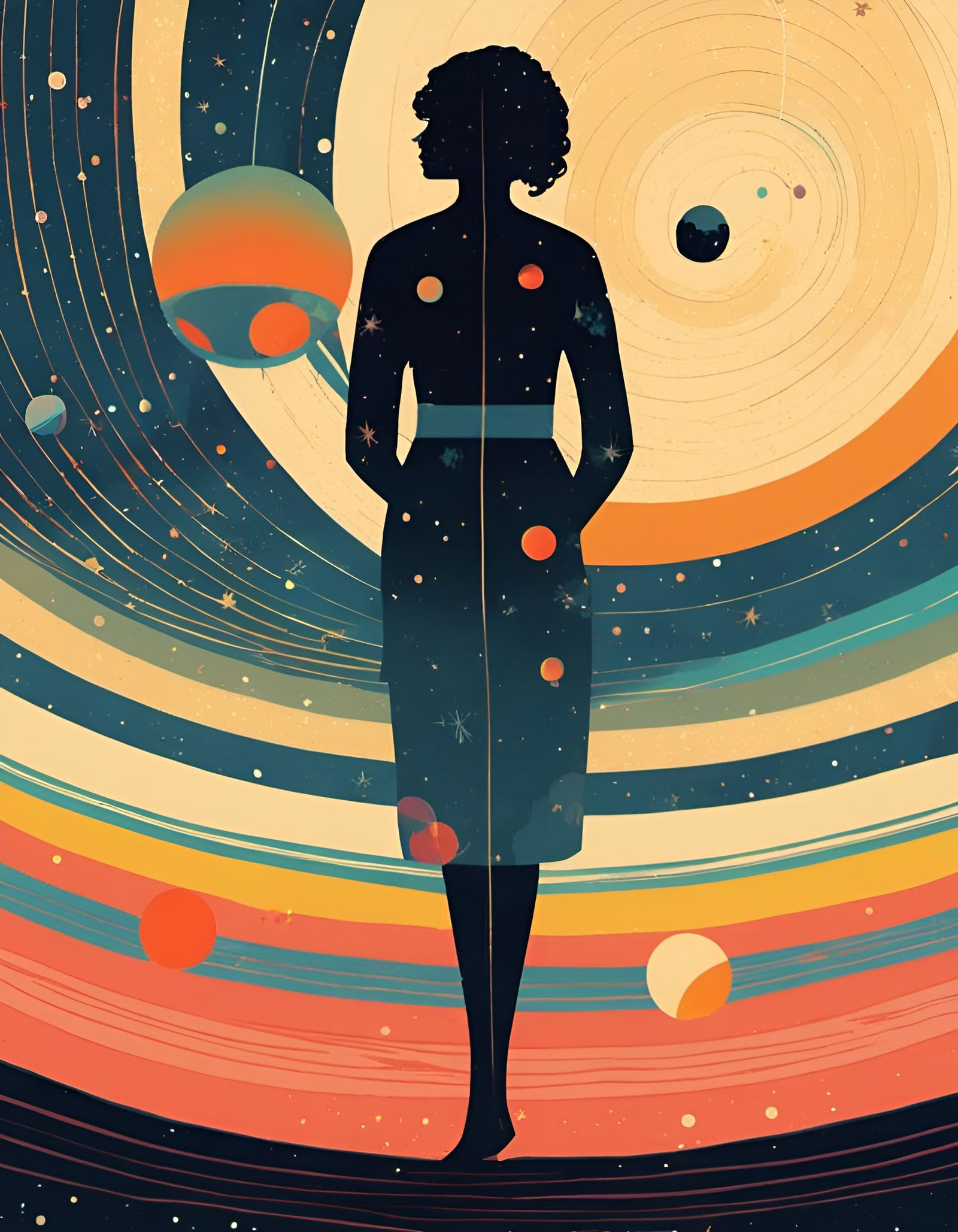 Woman on Tightrope in Solar System, Digital Art