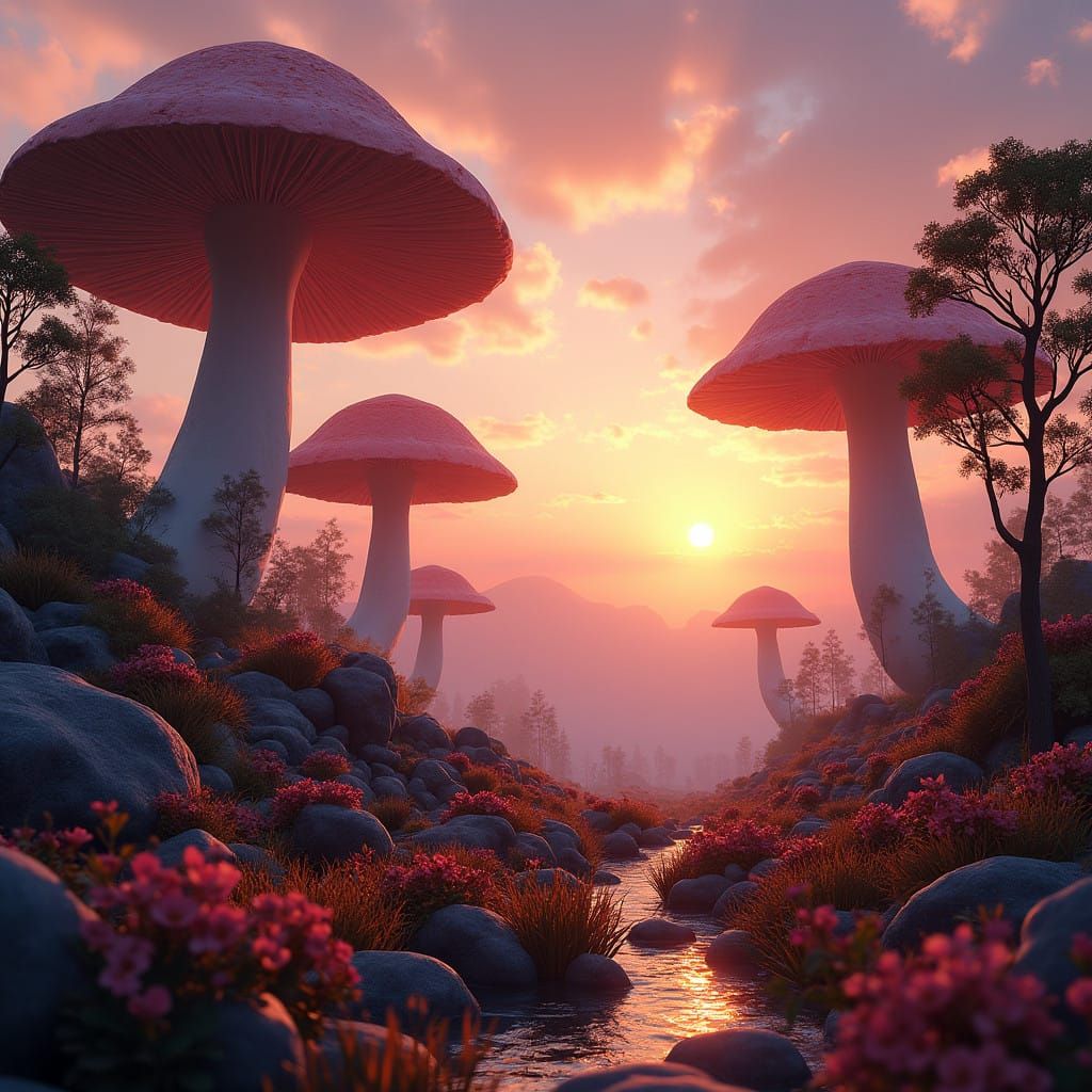 Surreal Sunset Landscape of Towering Mushrooms in a Fantasti...