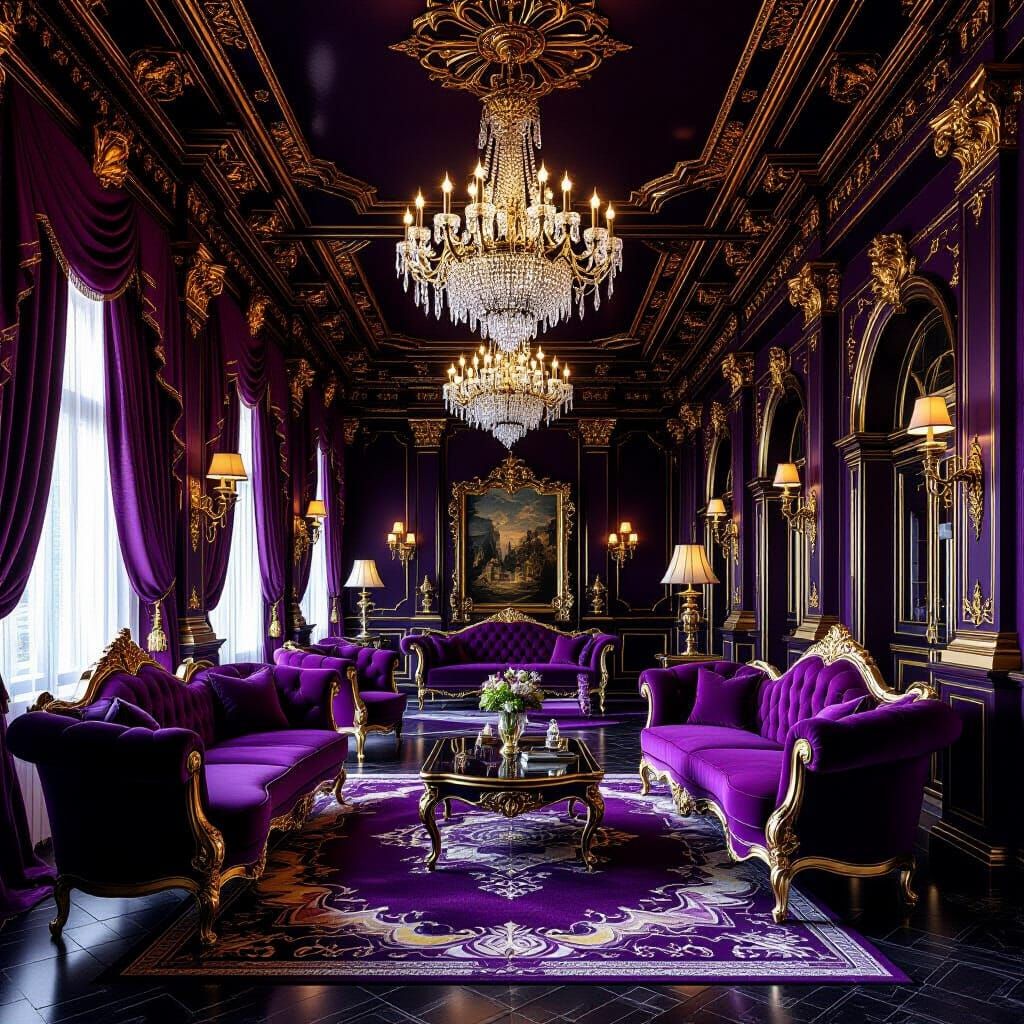 Surreal Baroque Hotel Room with Opulent Gold Accents