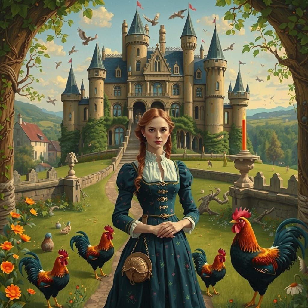 Woman in Whimsical Garden, Combines Folk Art and Gothic Styl...