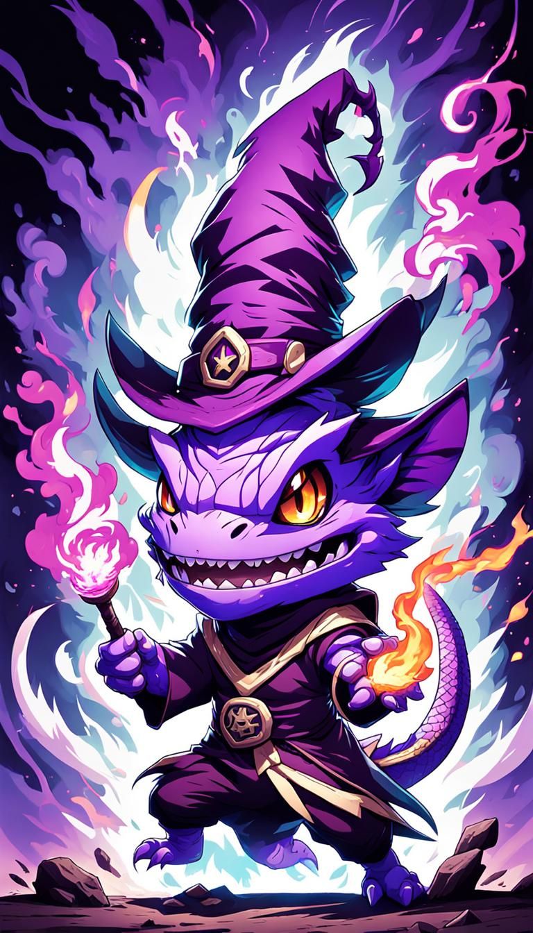 Chibi Lizard Witch in Cartoon Anime Style