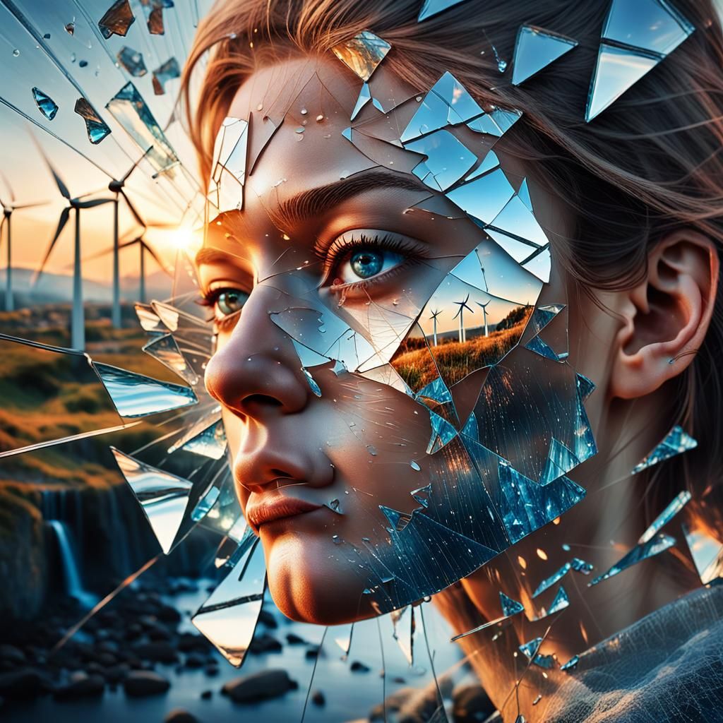 Shattered Glass Face Reflects Sunset: Hyperrealistic Portrai...