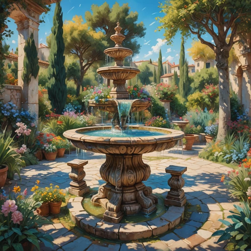 Mediterranean Garden Fountain in Impressionist Oil Painting
