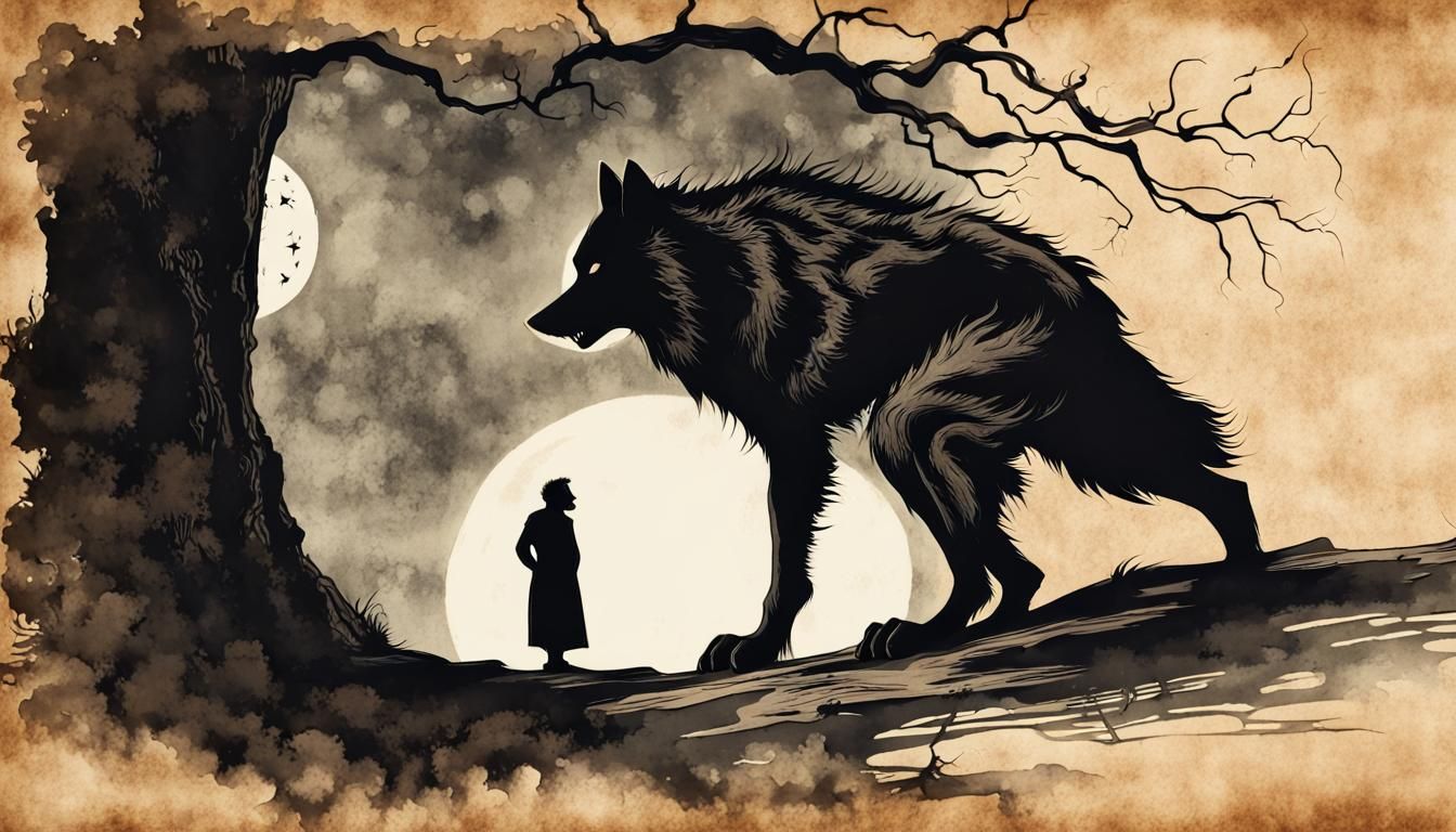 Steampunk Werewolf Silhouette in Ink Painting Style