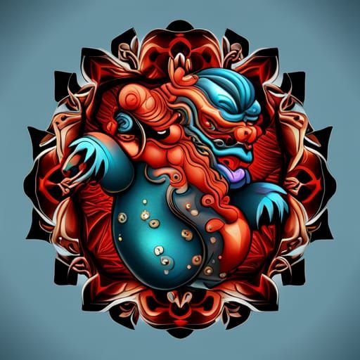 Foo Dog Tattoo Graphic Design in Detailed Matte Style