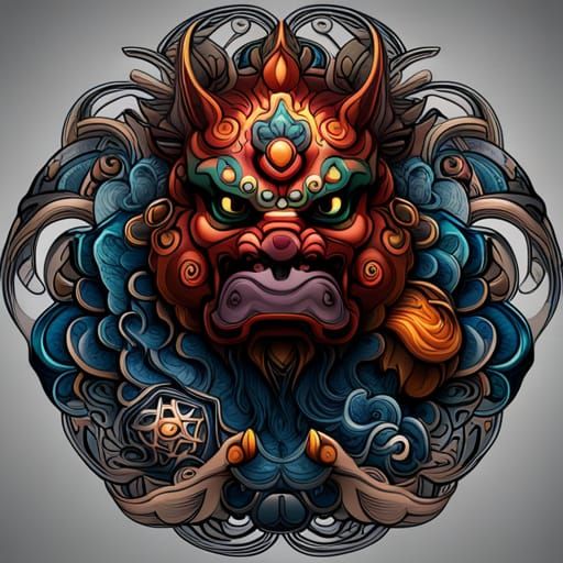 Foo Dog Tattoo Graphic Design in Detailed Matte Style