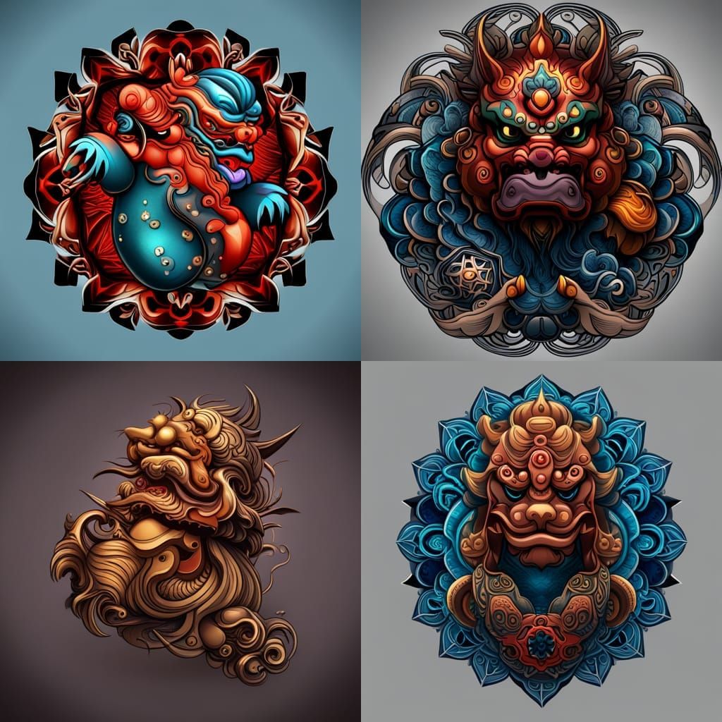 Foo Dog Tattoo Graphic Design: Detailed Matte Painting