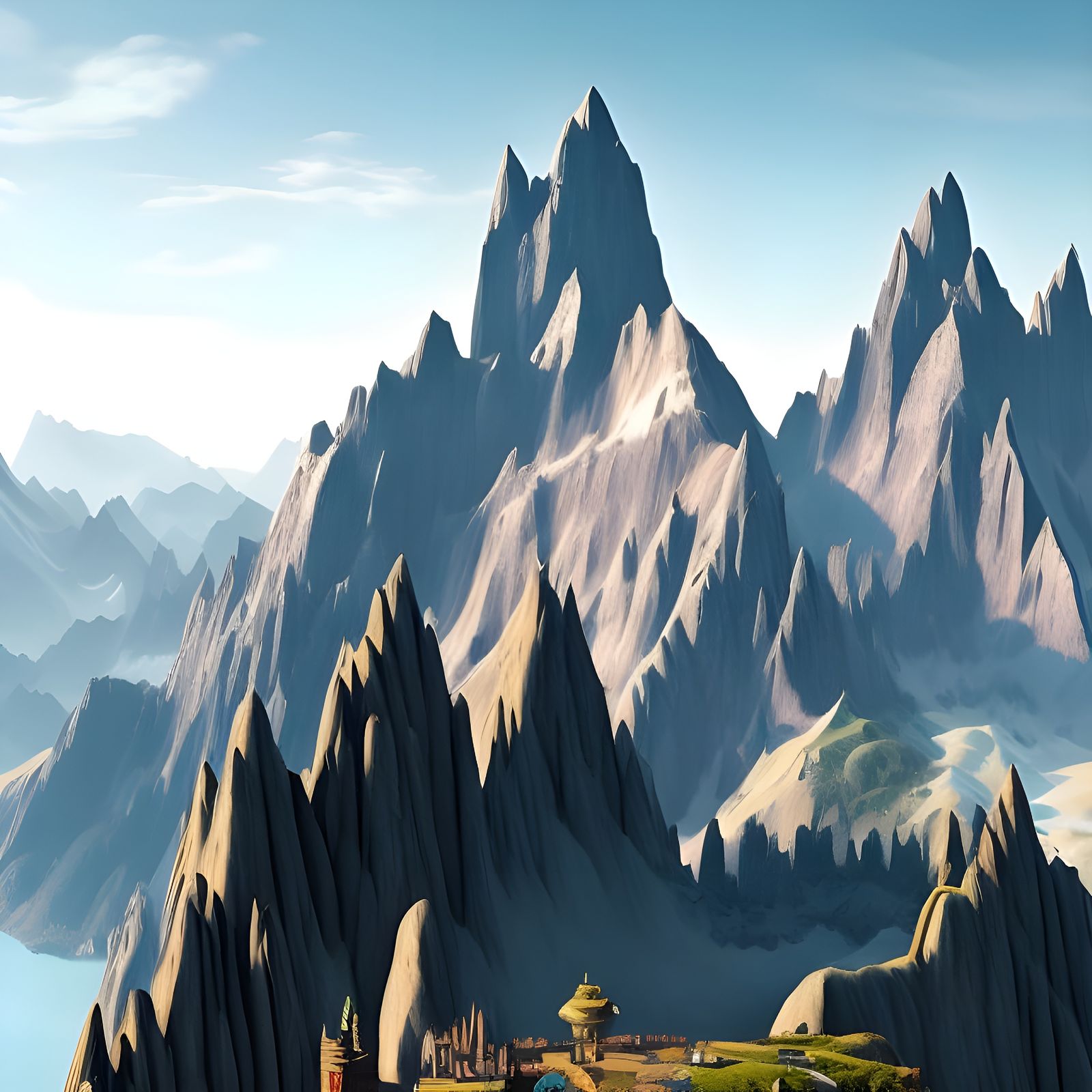 Harsh jagged mountains and a hill fort almost lost from view