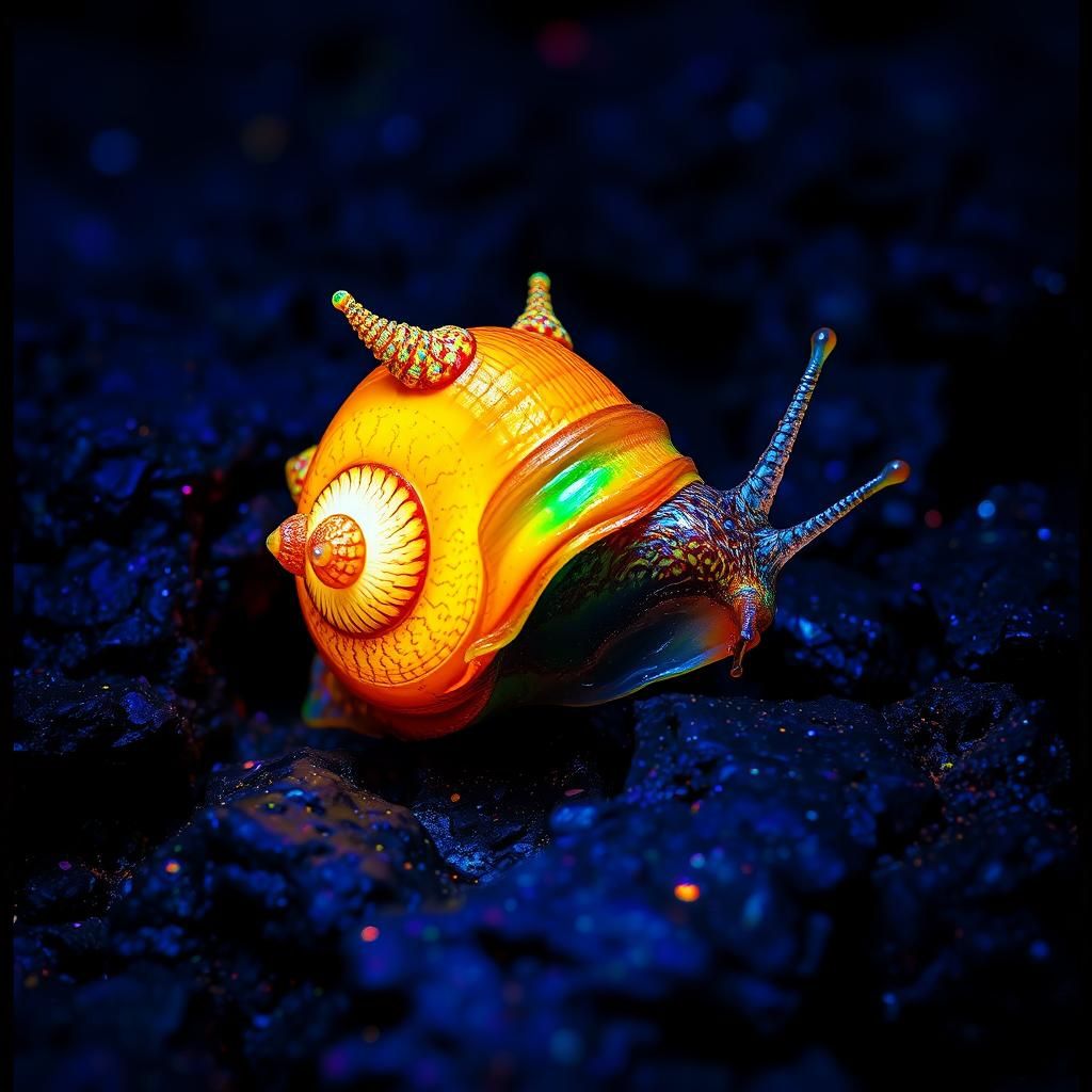 Iridescent Sea Snail on Lava Rock: Surreal Alcohol Ink