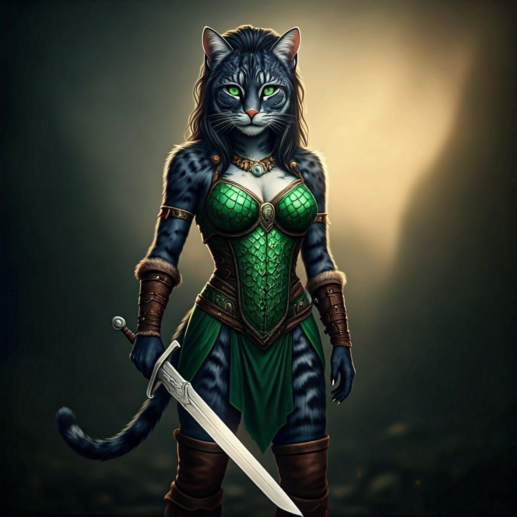 Feline Barbarian Heroine with Dragon Scale Corset
