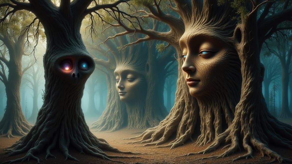 Surreal Forest With Ancient Trees Bearing Human Faces