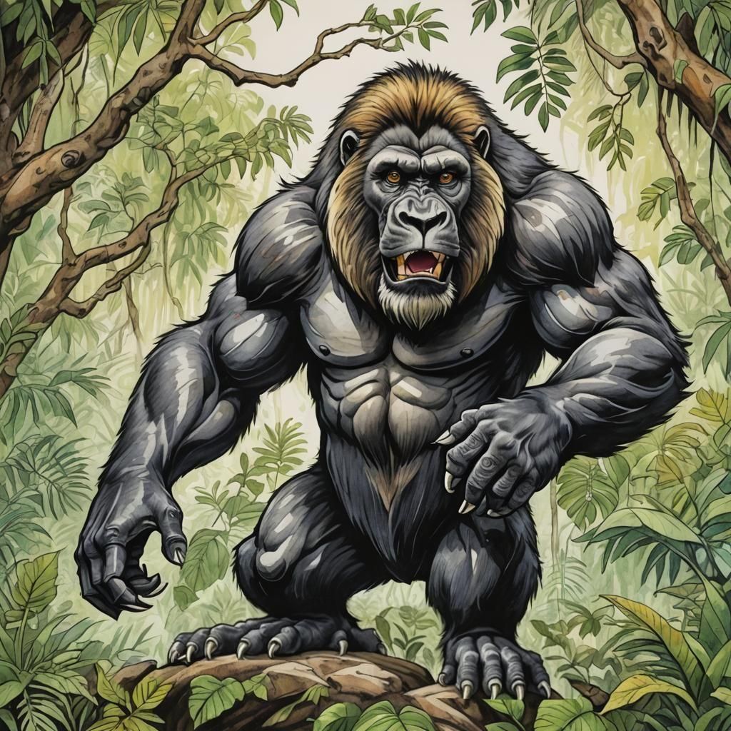 Lion Monkey Hybrid Creature in Jungle Ink Painting