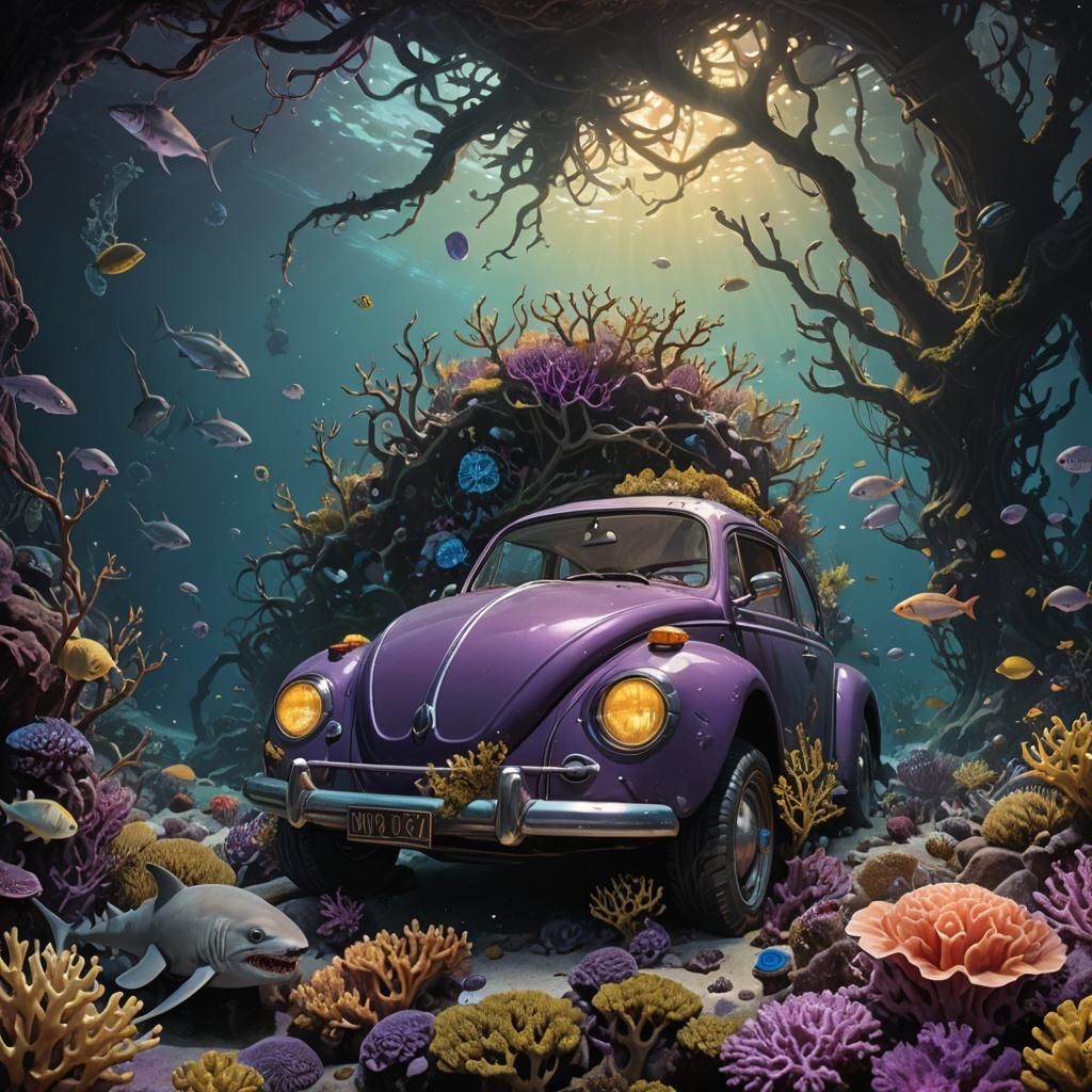 Underwater VW Beetle with Sharks: Dark Fantasy Art