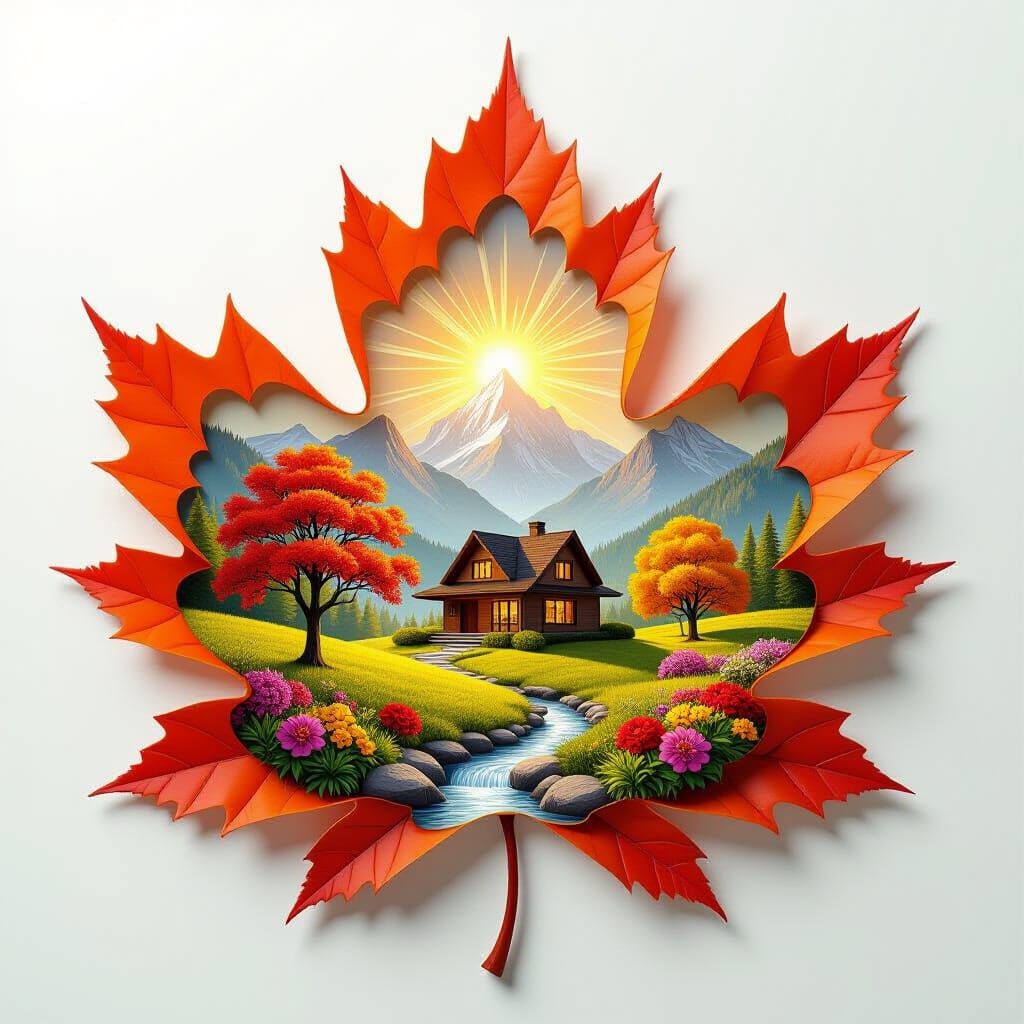 Maple Leaf Miniature Landscape with Cozy House and Mountains