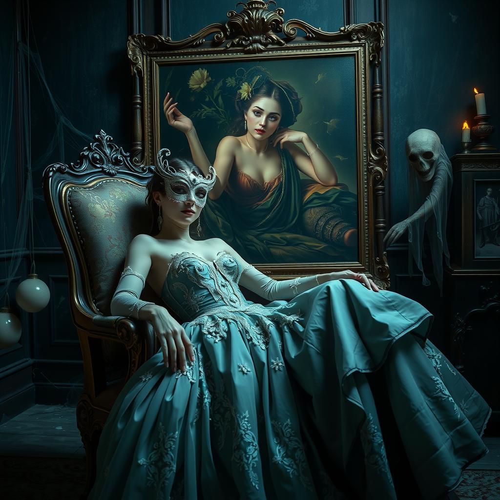 Victorian Woman in Mansion with Infinite Painting