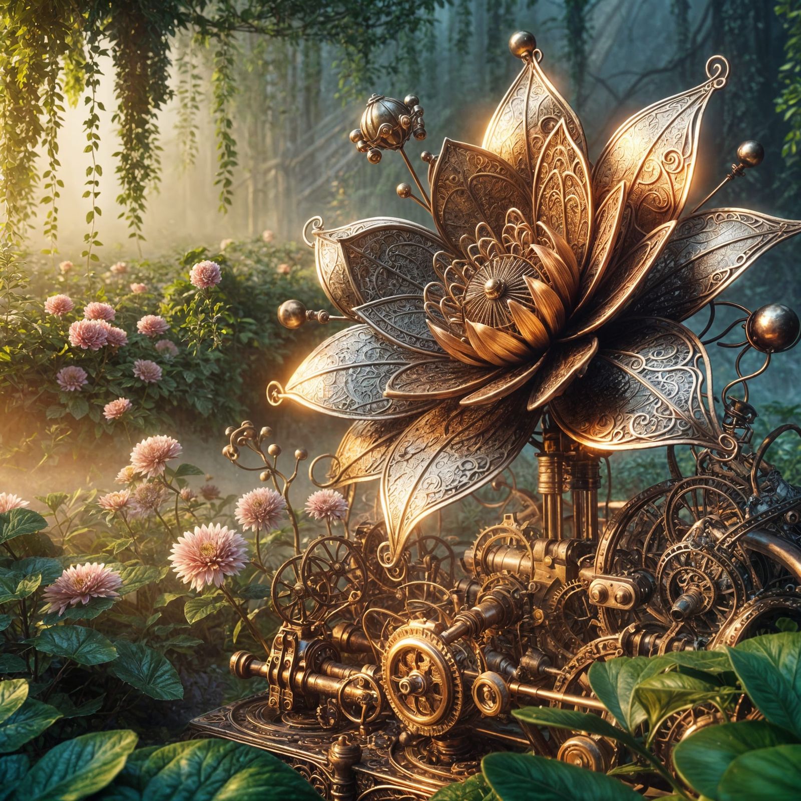 Ethereal Steampunk Bloom in Golden Hour Glory