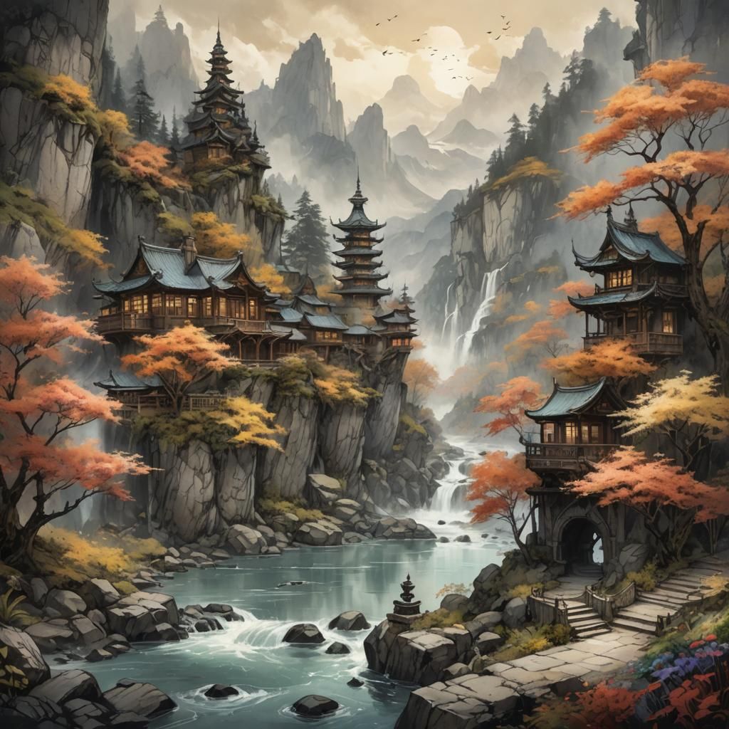 Serene Crayon Landscape Art on Antique Paper