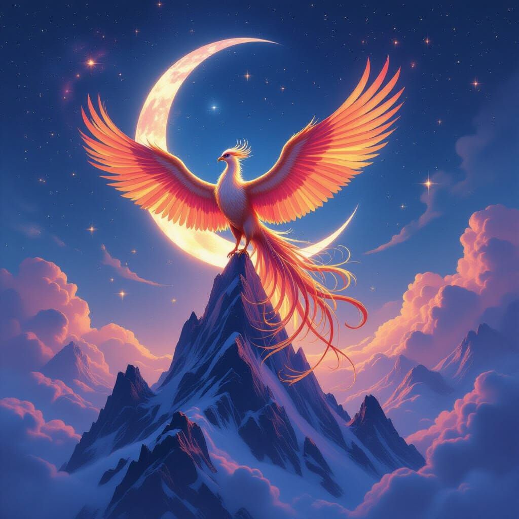 Cosmic Phoenix on Crystal Mountain Under Dual Moons