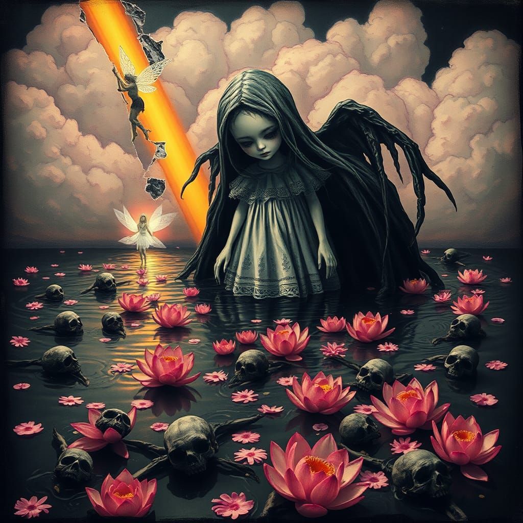 Eerie Child Death Over River Styx in Crayon Art