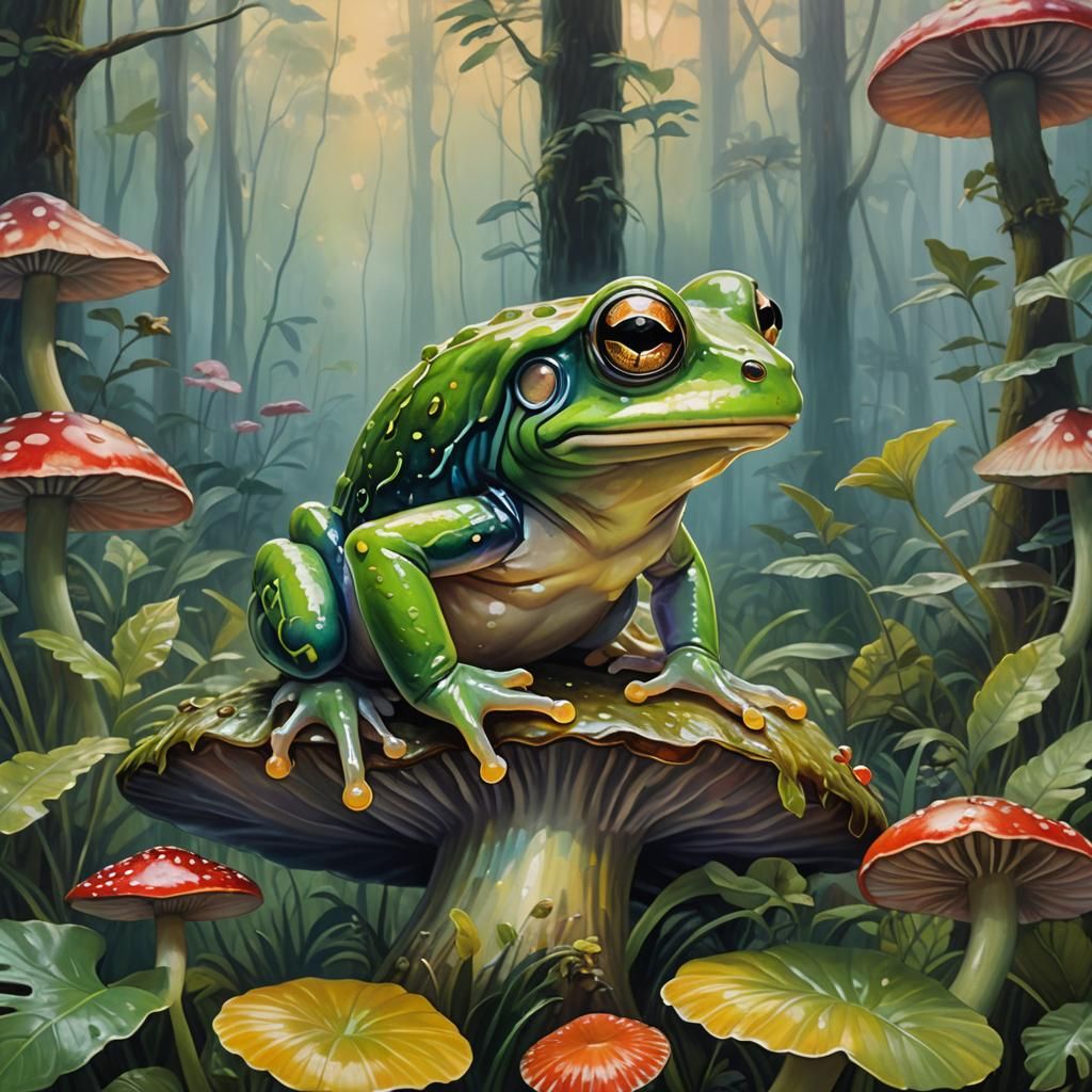Glass Frog Portrait in Misty Forest, Naive Art