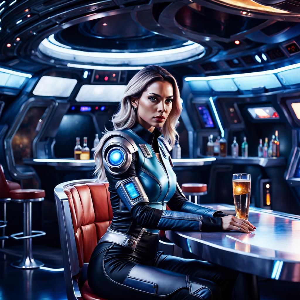 Beautiful Woman in Spaceship Bar Watercolor Painting