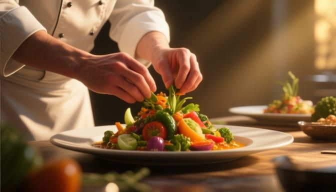 Culinary Artist Prepares Vibrant Dish in Golden Hour Light