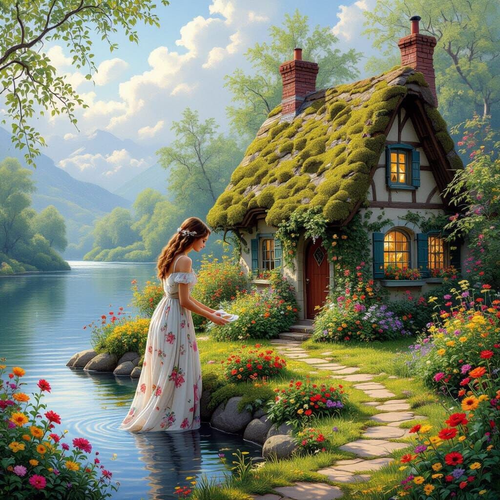 Quaint Cottage Scene with Serene Woman in Kinkade Style