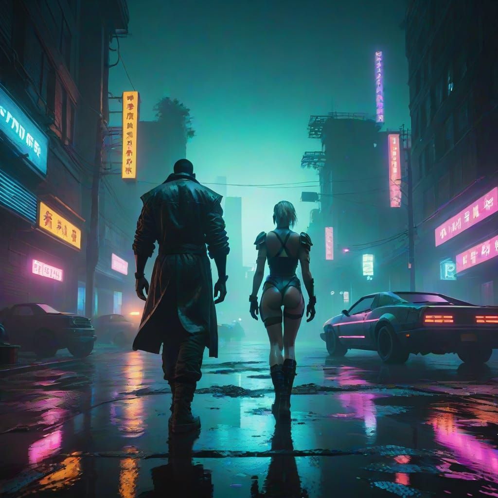 Cyberpunk Warrior Emerges from Neon Lake