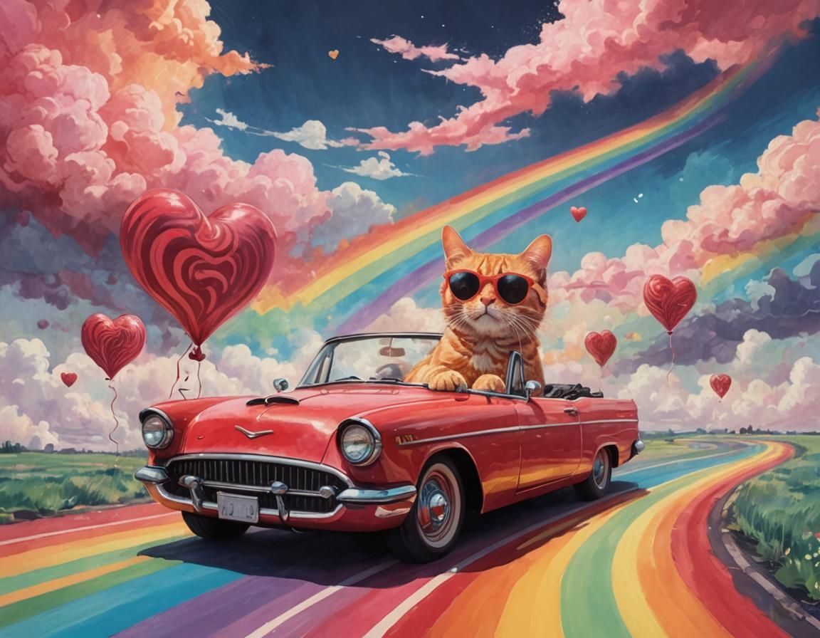 Psychedelic Tabby Cat Drives Rainbow Convertible