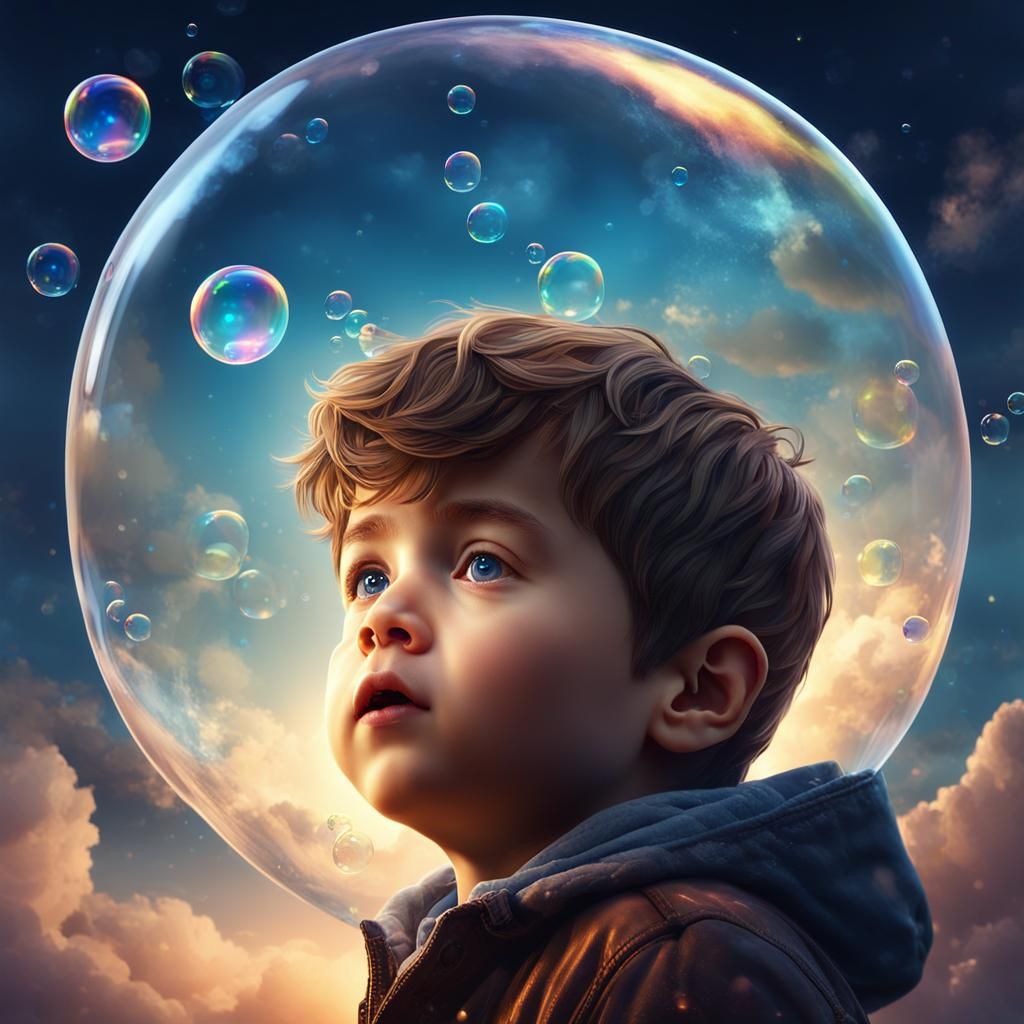 Boy Flying in Soap Bubble Fantasy Art