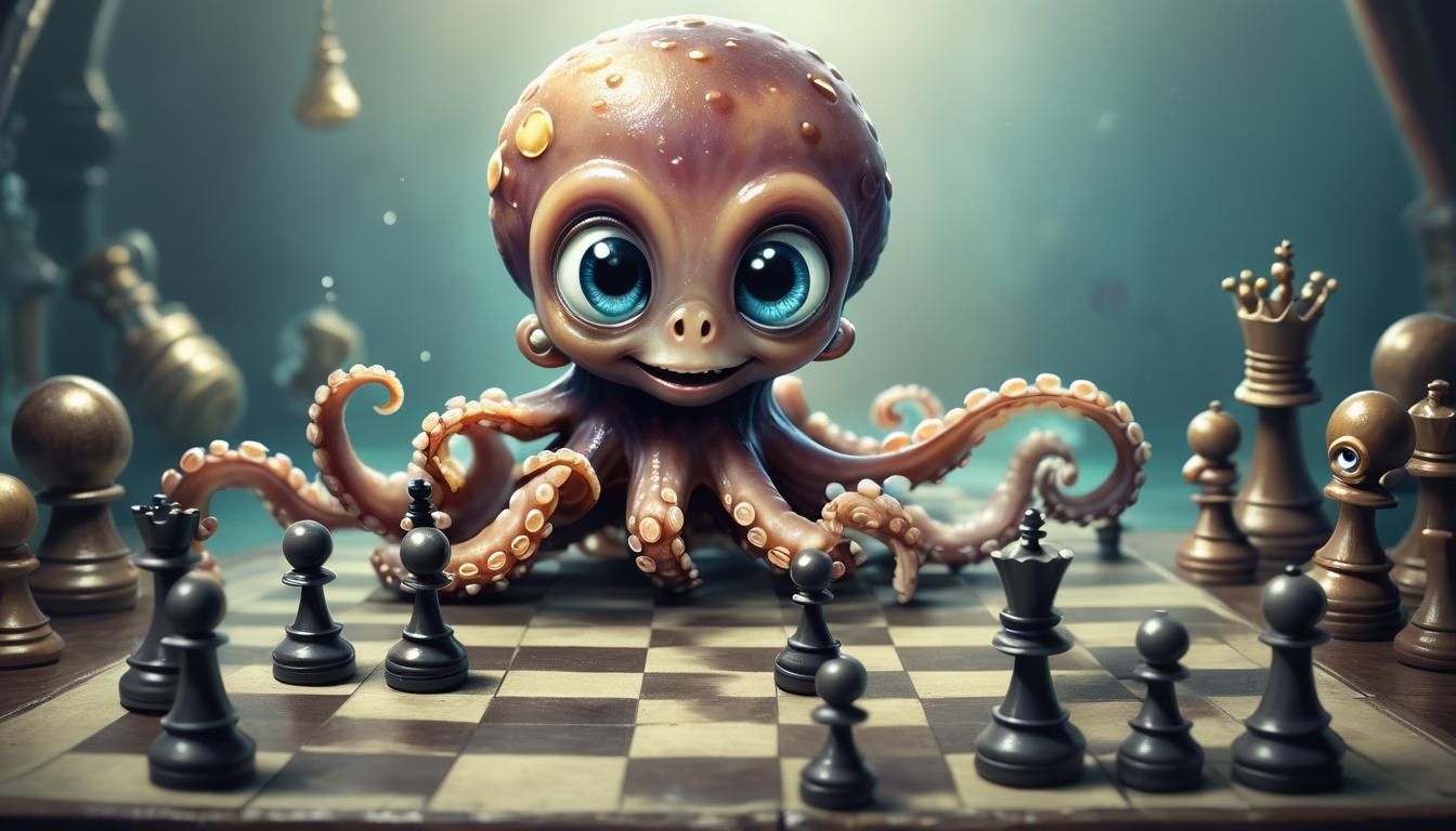 Adorable Baby Octopus Playing Chess Concept Art