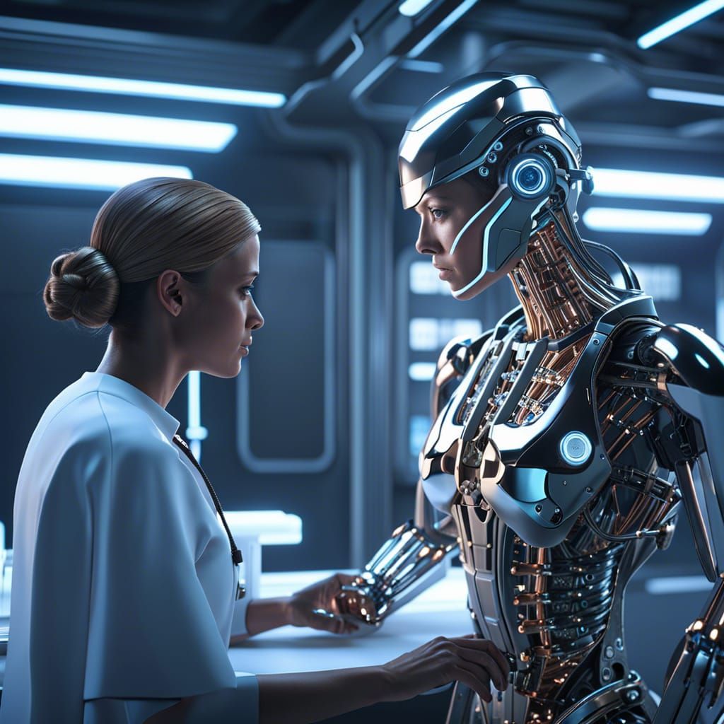 Medical Cyborg Exam in Futuristic Sci-Fi Style