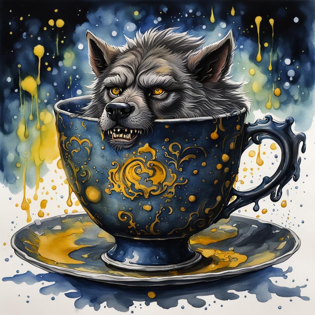 Hyperdetailed Gouache Painting of Werewolf Teacup