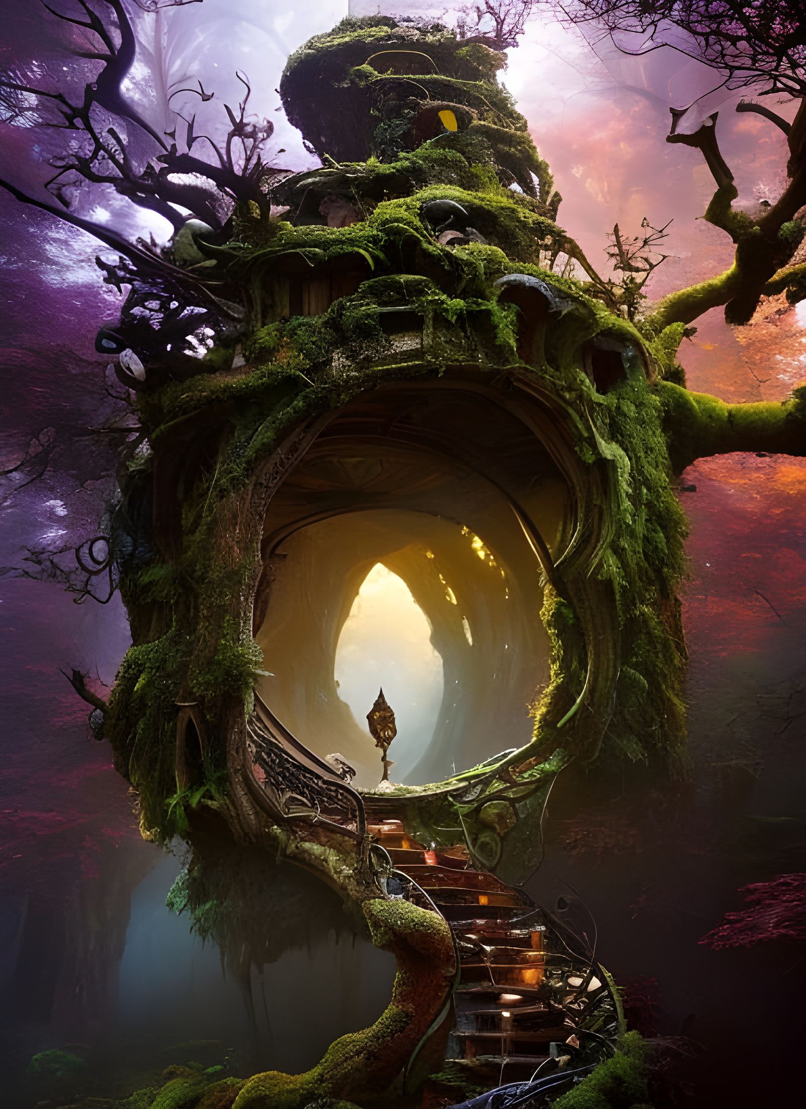 Enchanted Fairy Home Inside Gnarled Oak: Fantasy Art