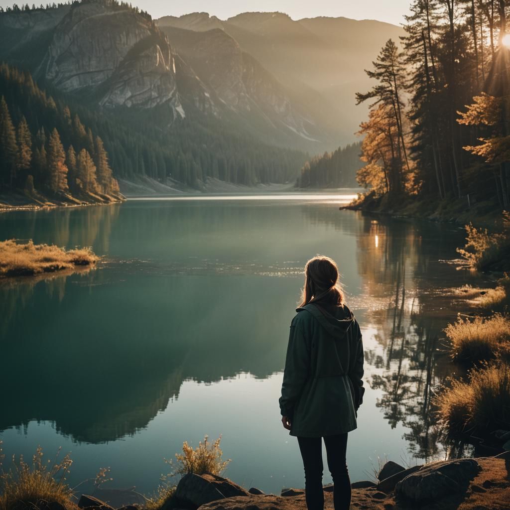Girl Watching Sunrise Over Lake: Cinematic Still