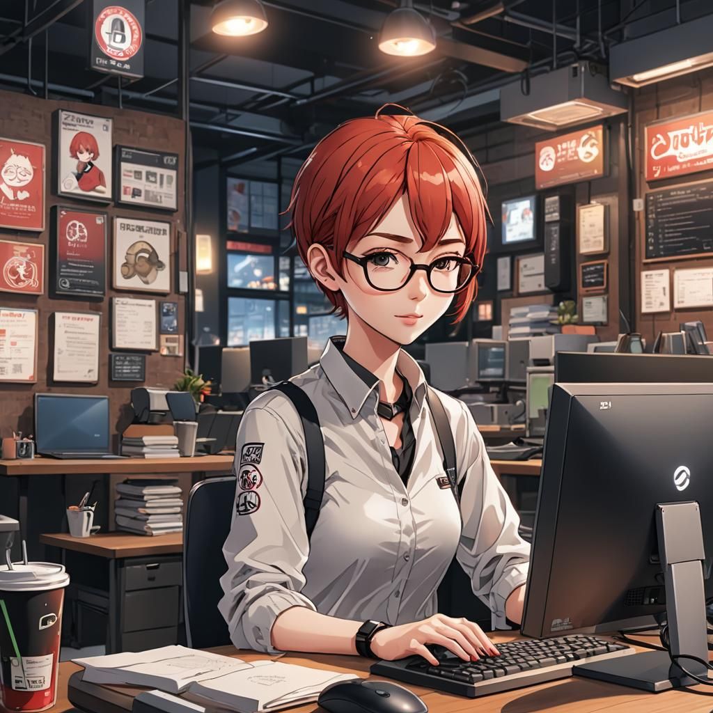 Anime Girl with Red Hair Typing at Computer