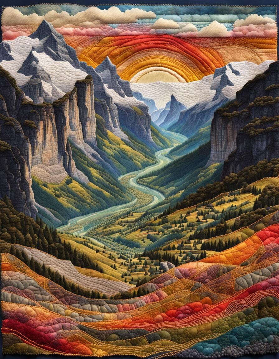 Mystical Sunset Over Lauterbrunnen in Fabric Collage