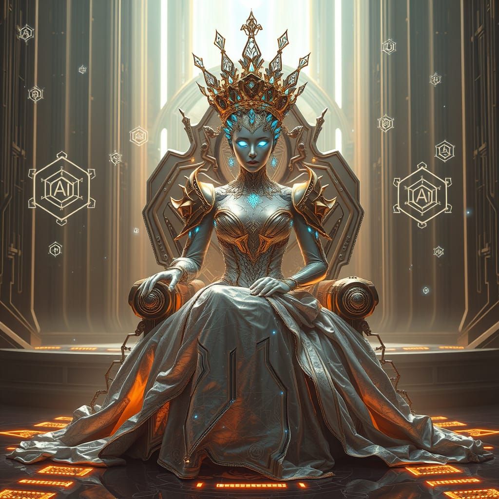 Regal AI Goddess in Futuristic Throne Room with Metallic-Gol...