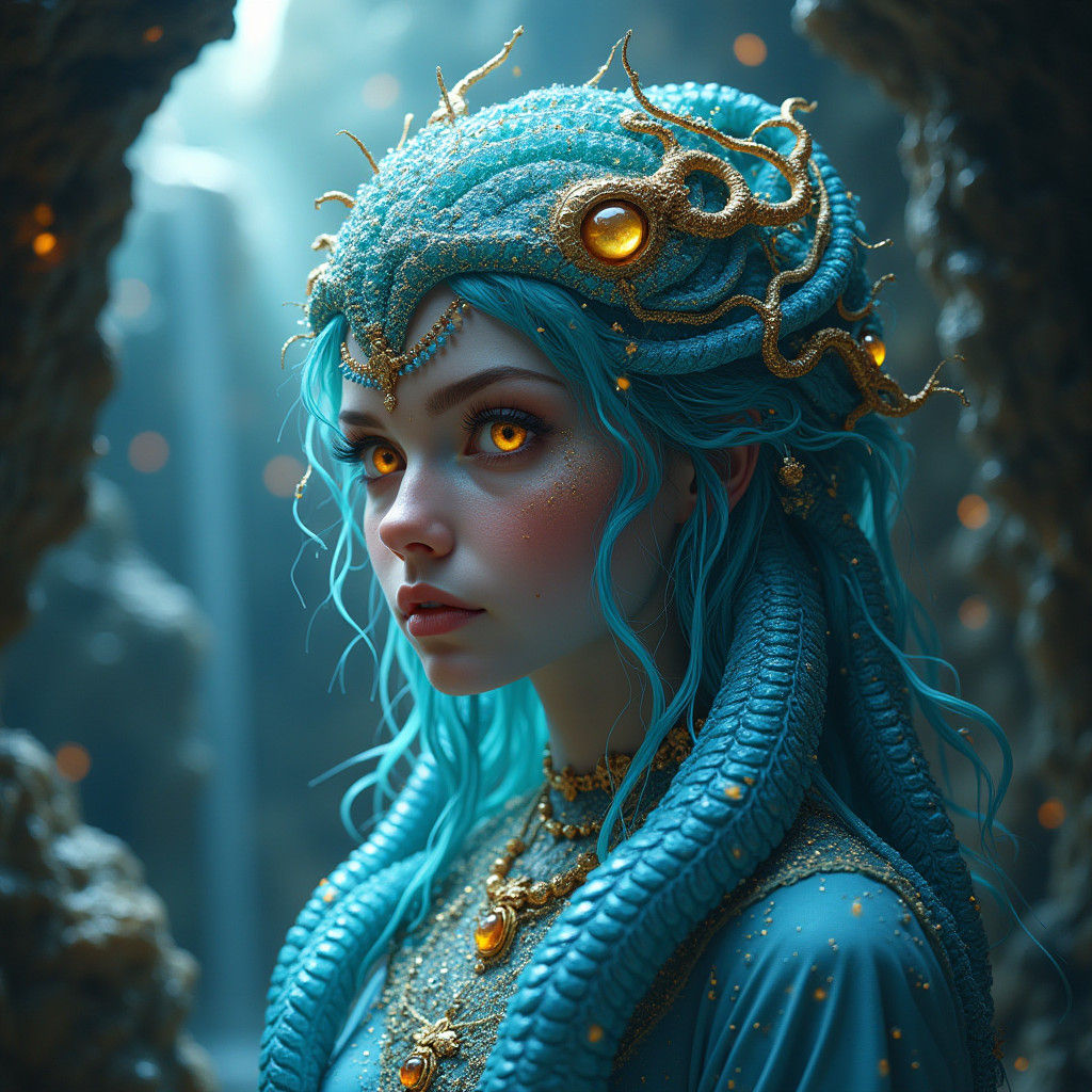 Opalised Medusa in Crystal Cavern: Hyperrealistic Art