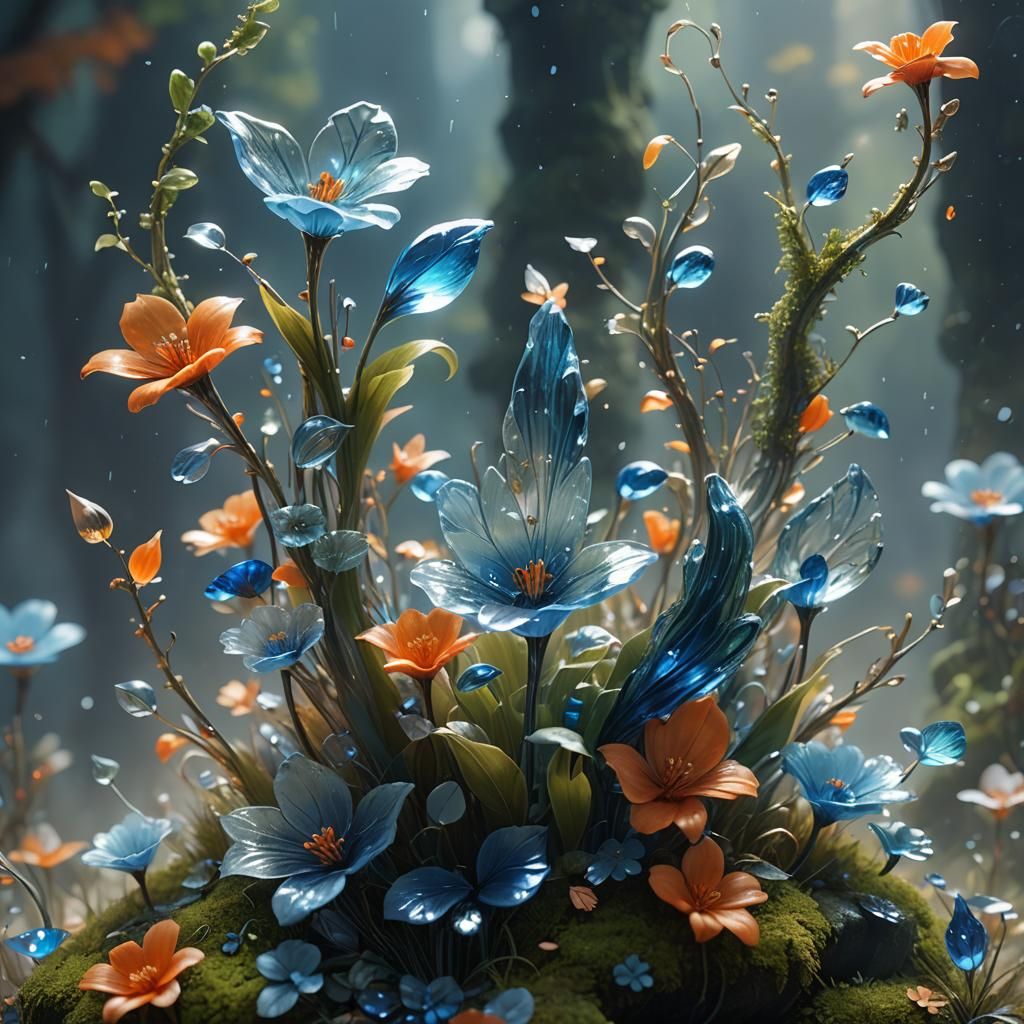 Glass Flowers 'L' on Misty Pedestal: Fantasy Art