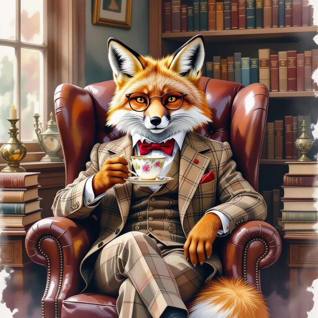 Dapper Fox in Tweed Suit Enjoys Tea in Study