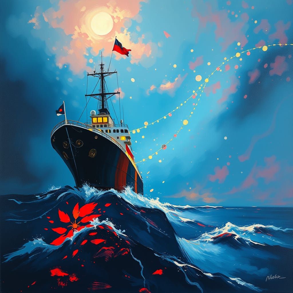 Shipwrecked Vessel Illuminated by a Majestic Lighthouse